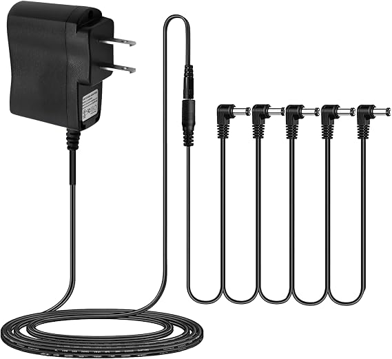 DC 9V Guitar Pedal Power Supply Adapter - 0.5A 5-Way Daisy Chain, Anti-Noise, Universal Voltage (100-240V AC), for Effect Pedals & Keyboards