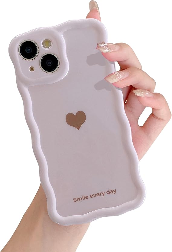 QLTYPRI iPhone 15用ケース、かわいいカーリーウェーブフレームラブハートデザインラグジュアリーフォンケース、女性用ガールズ、フルカメラレンズ保護バンパーソフトシリコン耐衝撃カバー-ライトピンク