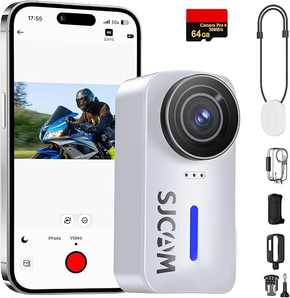 SJCAM C110Plus 4K Pocket Action Camera, 170°FOV, 6-Axis Stabilized Mini Body Cam, Waterproof, Wearable, Portable POV, Built-in Spkr & Microphone for Vlog, with Helmet Mount Kit, White