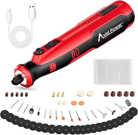 AVID POWER 8V Cordless Rotary Tool 5 Speeds Dog Nail Grinder 4 LED Lights | 5,000-25,000 RPM, 1/8" Chuck, 60Pcs Rotary Tool Accessories, Carving/Sanding/Polishing/Cutting - Light Red