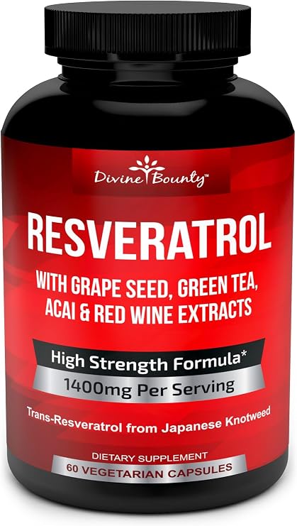 Divine Bounty Resveratrol 1400mg w/Green Tea Extract & Grape Seed, 60 Caps | 1400mg Extra Strength Resveratrol Supplement Including Grape Seed Extract, Green Tea Extract, 60 Veggie Capsules