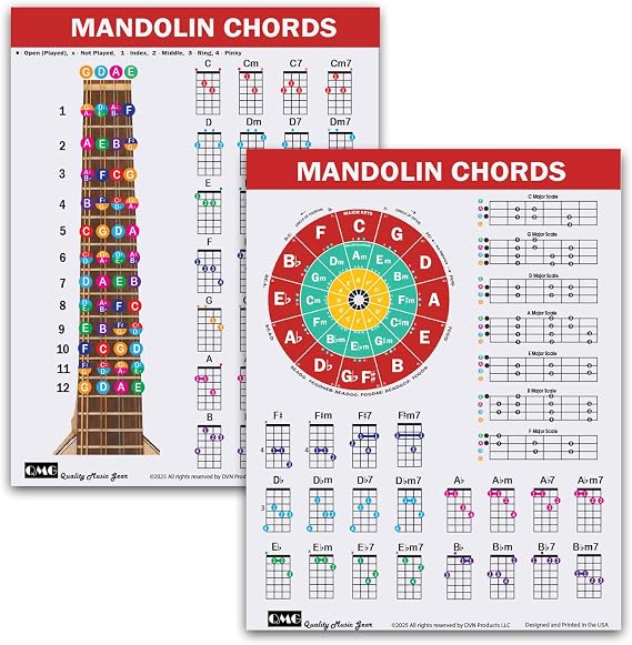 Mandolin Chord & Scale Chart Major, Minor, 7th & Minor 7th Chords for All Keys, 7 Essential Mandolin Scales, Circle of Fifths, Laminated Reference Chart, 8.5 x 11, Made in USA