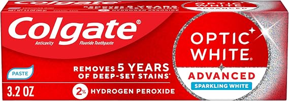 Colgate Optic White Advanced Sparkling White Toothpaste with 2% Hydrogen Peroxide and Fluoride, Teeth Whitening Toothpaste, Deep-Set Stain Remover, Mint Flavor, 3.2 OZ