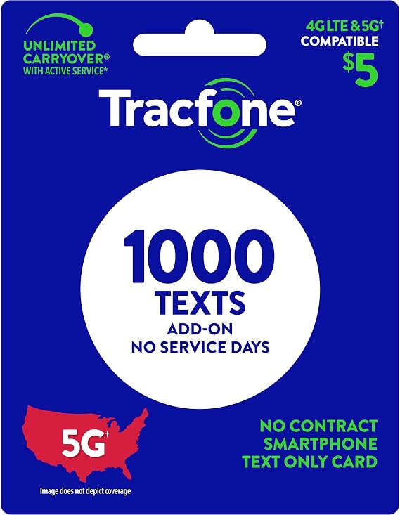 Tracfone $5 Text Add-On Card: 1000 Texts for Basic or Smartphone Plans [Physical Card]