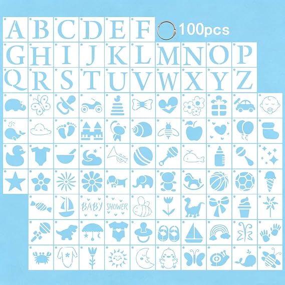 100個 スモール ベビーシャワー レター ステンシル 絵画用 2インチ 工芸用ステンシル 再利用可能な描画テンプレート Diy 木製 壁 キャンバス ファブリック ホームデコレーション