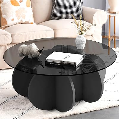 Glass Coffee Tables, Round Glass Coffee Table for Living Room, Small Tea Table with Glass Top, Modern Black Coffee Table Unique Circle Center Table for Small Space 31.5 Black  Gray