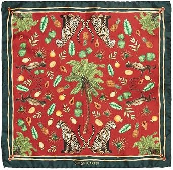 Simon Carter Mens Tropical Jungle Scene Pocket Square - Green/Red