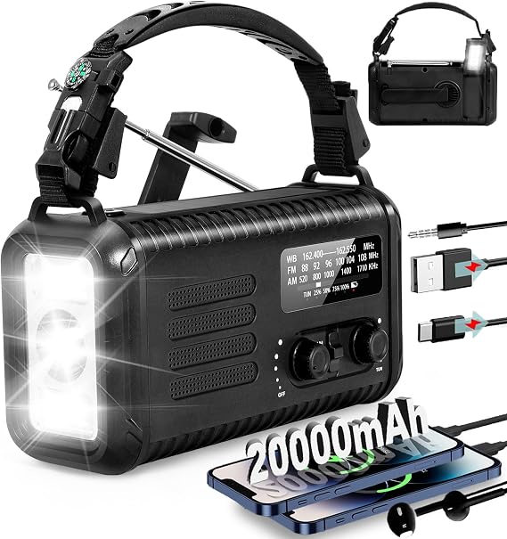 緊急クランクラジオ、20000mAh/ 74000mWhウェザーラジオ、AM/FM/NOAAソーラーハンドクランクラジオ、USB充電&充電式バッテリー駆動、読書ランプ懐中電灯ヘッドフォンジャック&緊急用SOS。