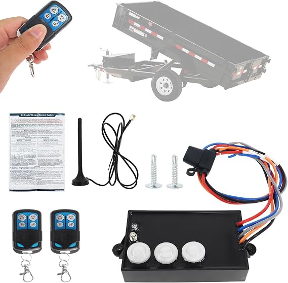 Wireless Dump Trailer Remote Control Kit, fit for 12 Volt Hydraulic Lift Winch Tilt, Hydraulic Wireless Remote Dump Trailer Controller with 2 Wireless Remotes, 50100ft Range, Replaces G3-H01