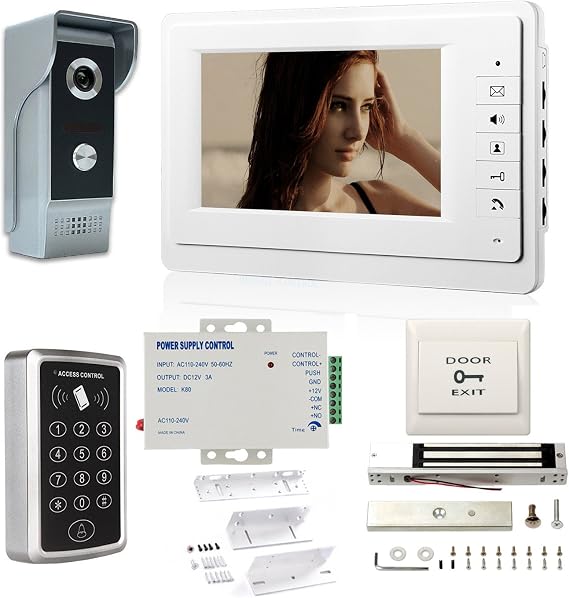 7'' LCD Video Door Phone Intercom Systems Via Password Open Door 600lbs Electronmagnetic Lock Access Control & Power Unit & ZL Bracket Full Kits