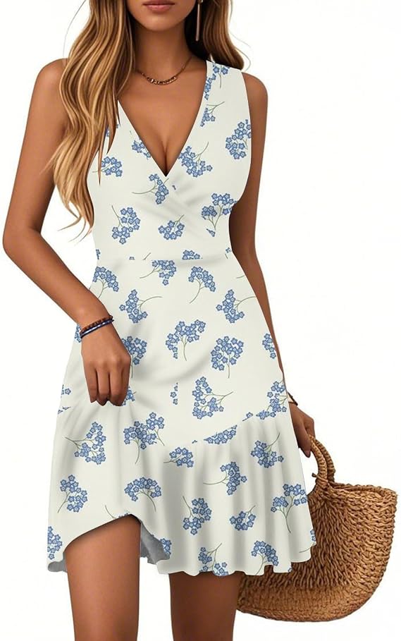 Womens Summer Dresses Boho Floral Print V-Neck Sleeveless Lightweight Casual Beach Mini Sundress