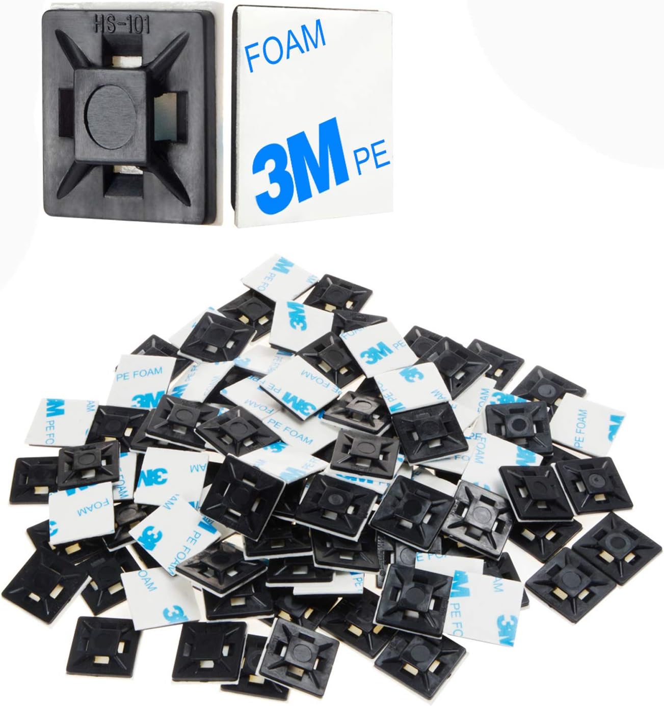 XHF 200 PCS 1/2" Black Self Adhesive Cable Zip Tie Mounts Wire Cable Clips Holders Management Anchors Organizer Holders Squares(HS-100)