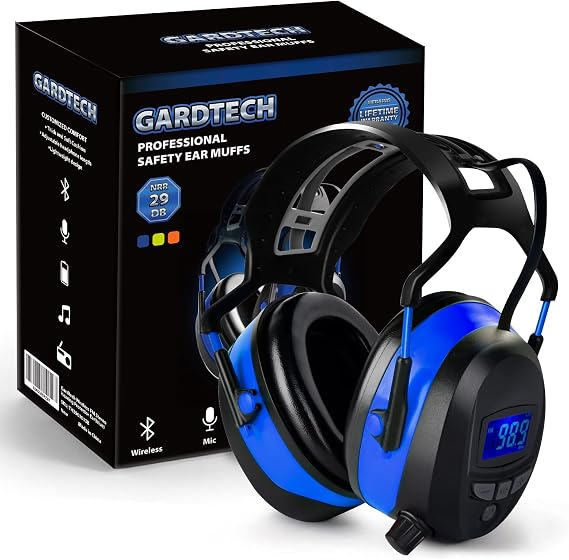 Gardtech Hearing Protection with Bluetooth, FM Radio Earmuffs, NRR 29dB Hearing Protection Headphones Noise Cancelling Headphones with MP3 for Mowing Lawn Work, Rechargeable BL-5B Battery (Blue)