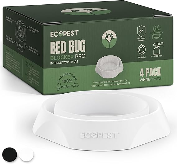 Bed Bug Interceptors - 4 Pack | Bed Bug Blocker (Pro) Interceptor Traps (White) | Eco Friendly Insect Trap for Bed Legs | No Chemicals or Pesticides | Monitor, Detector, and Trap for Bed Bugs