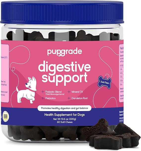 PupGrade Digestive Support for Dogs, Duck Flavor - 60 Soft Chews | Prebiotic + Probiotic Supplement with Enzyme Blend - Gut and Immune Support - Pumpkin, Blueberry, Mineral Oil