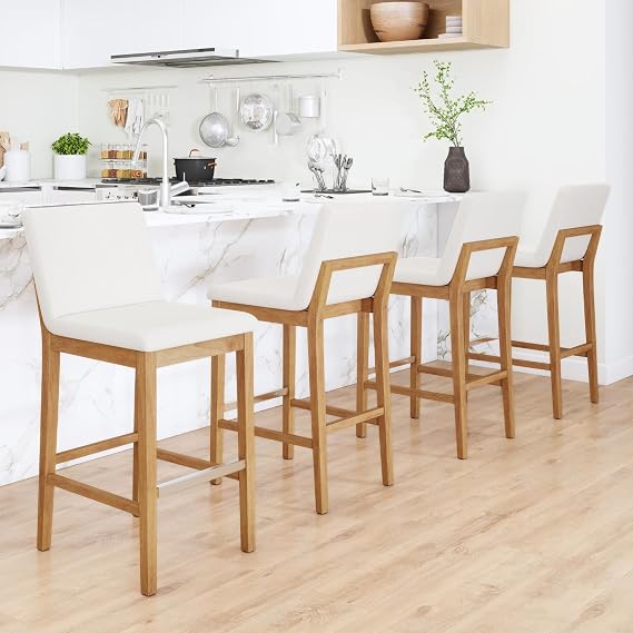 chairus 26" Modern Counter Height Bar Stools Set of 4, Farmhouse Linen Upholstered Counter Stools with Back & Metal Footrest, Wooden Kitchen Island Bar Chairs, Beige