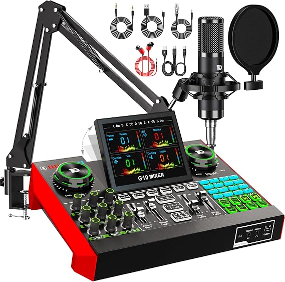 G10 Podcast Equipment Bundle with Audio Mixer & Mic for Streaming&Recording | Live sound card & board for creators:noise reduction,voice changer,sound pads,reverb & EQ.Plug & play PC/phone for singing