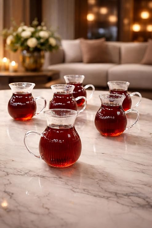 6'lı Keyfi Ala Çizgili Borosilikat Cam Kulplu Çay Bardağı 220ml Bardak