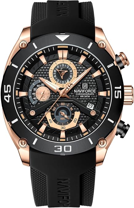 NAVIFORCE Men's Chronograph Watch Waterproof Soft Silicone Strap Sports Quartz Male Wristwatch with Auto Date