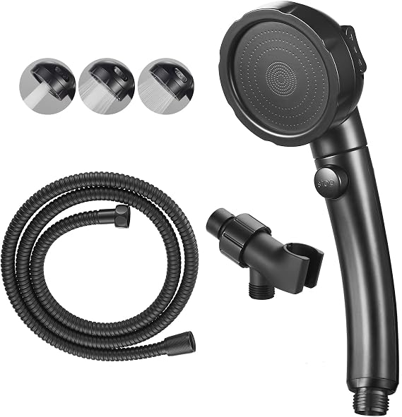 High Pressure Handheld Shower Head with ON/OFF Pause Switch, 3 Spray Modes Shower Wand with Shut Off Button, Removable Camper Shower Head with Hose and Adjustable Angle Bracket (Black) | 3 Spray Modes Shower Wand with Shut Off Button, Camper & RV Showerhead with Hose & Angle Adjustable Bracket, Matte Black