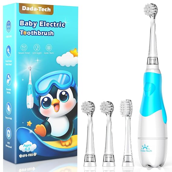 Toddler Electric Toothbrush Kids Age 1-2-3 Years Old, Baby Electric Toothbrush with LED Light 2 Minutes Timer 4 Vibrating Heads for Infants Toothbrush 6 to 12 Months and Up (Pink Penguin)