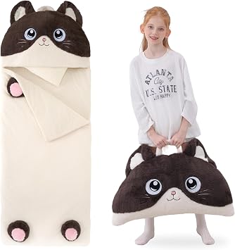 GILFWM 70" 4.2lbs Cat Thickened Kids Nap Mat for Preschool, Daycare,Kindergarten,Soft Washable for Boys and Girls, 2-in-1 Stuffed Animals Sleeping Bag and Pillow, Sleep Sack for Toddlers