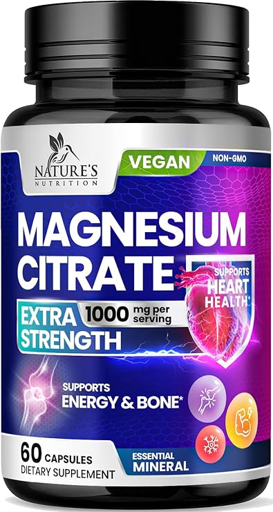 Magnesium Citrate 1000mg Per Serving - 3X Strength Magnesium Supplement for Bone, Muscle, Heart, Natural Sleep Support for Men & Women, Vegan Mag Mineral Pills, Non-GMO, Bottled in USA - 60 Capsules