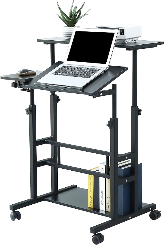 UNICOO Portable Standing Desk on Wheels, Height Adjustable Mobile Workstation with Keyboard Tray and Storage Shelf, Rolling Laptop Desk for Home Office, Small Spaces, Study, Bedside Use