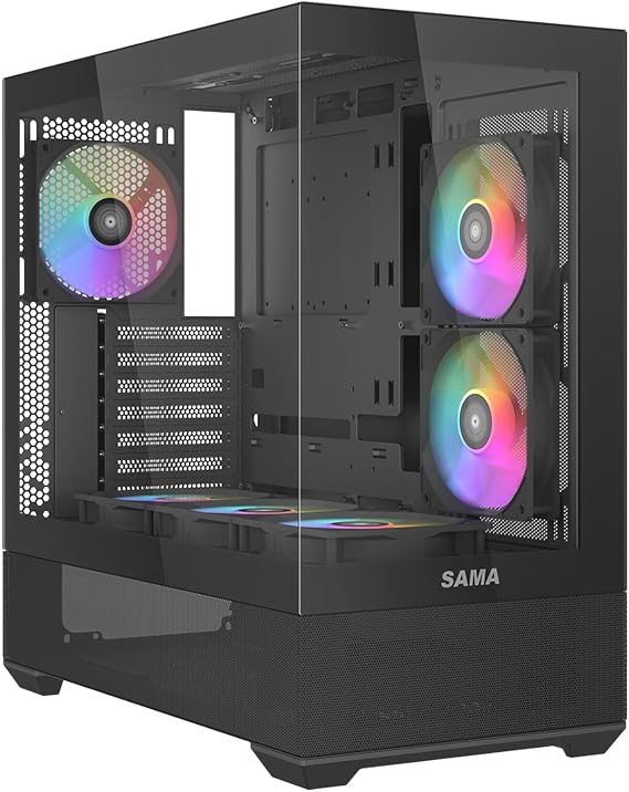 SAMA V40 Full View Glass ATX Gaming PC Case, 6 ARGB PWM Fans, USB-C Black