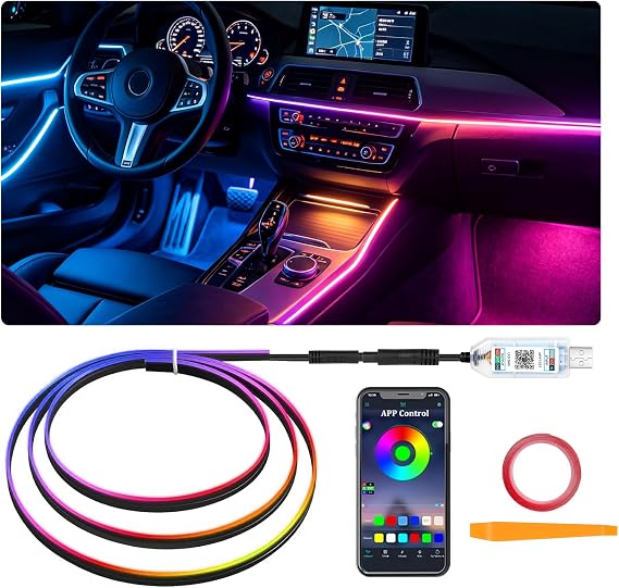 YUGUANG 43.3inch Interior Car Lights Strip, Dynamic Dreamcolor Chasing App Control Music Sync USB Powered RGB Acrylic LED Ambient Lighting Kit for Car Trucks SUV