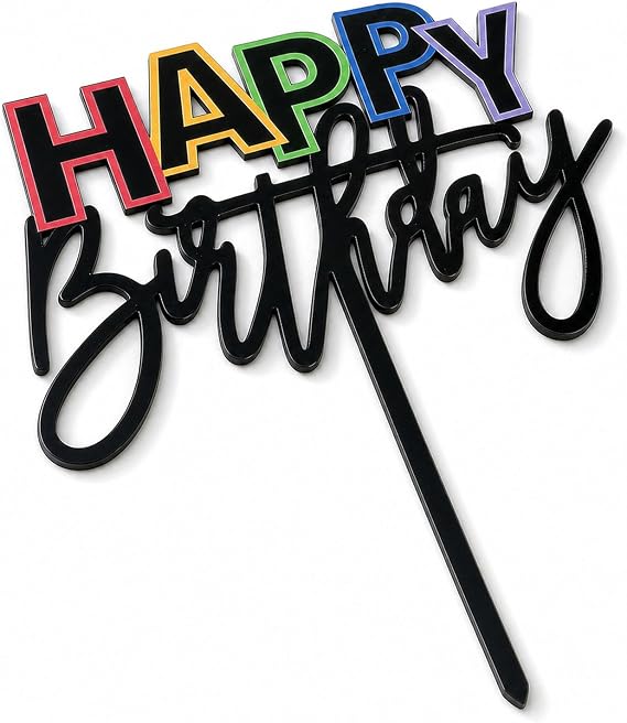 Happy Birthday Cake Topper, 7.5"x6" Acrylic Black Decoration