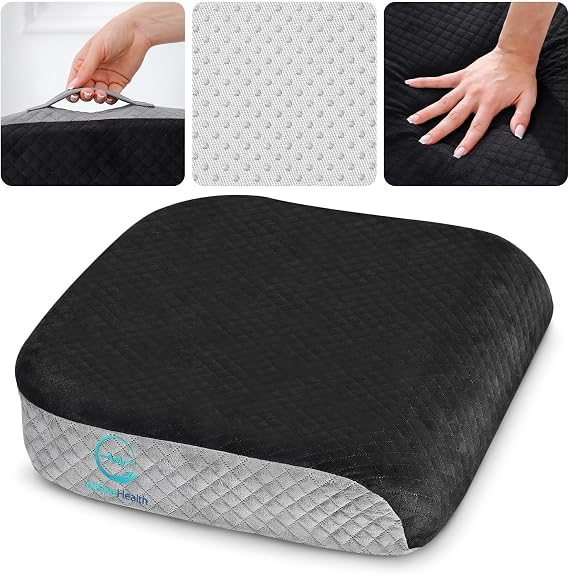 Large Seat Cushion (19 x 17 x 3) Memory Foam for Office Chair, Wheelchair Cushions, Floor Pillow | Cushion Back Pain Coccyx Pain Relief | Plush Velvet Cover with Carry Handle