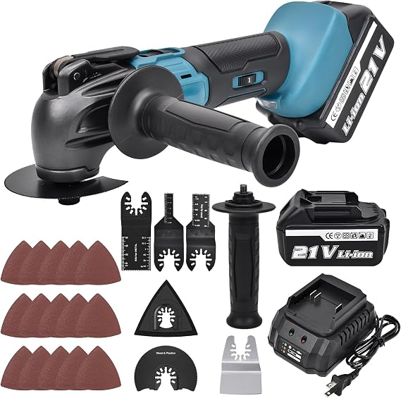 Cordless Oscillating Tool,Oscillating Multitool with Auxiliary Handle,4.0 Oscillation Angle,6 Variable Speed Oscillating Multi-Tool with 25 Pcs Saw Accessories for Grinding (with 1 battery)