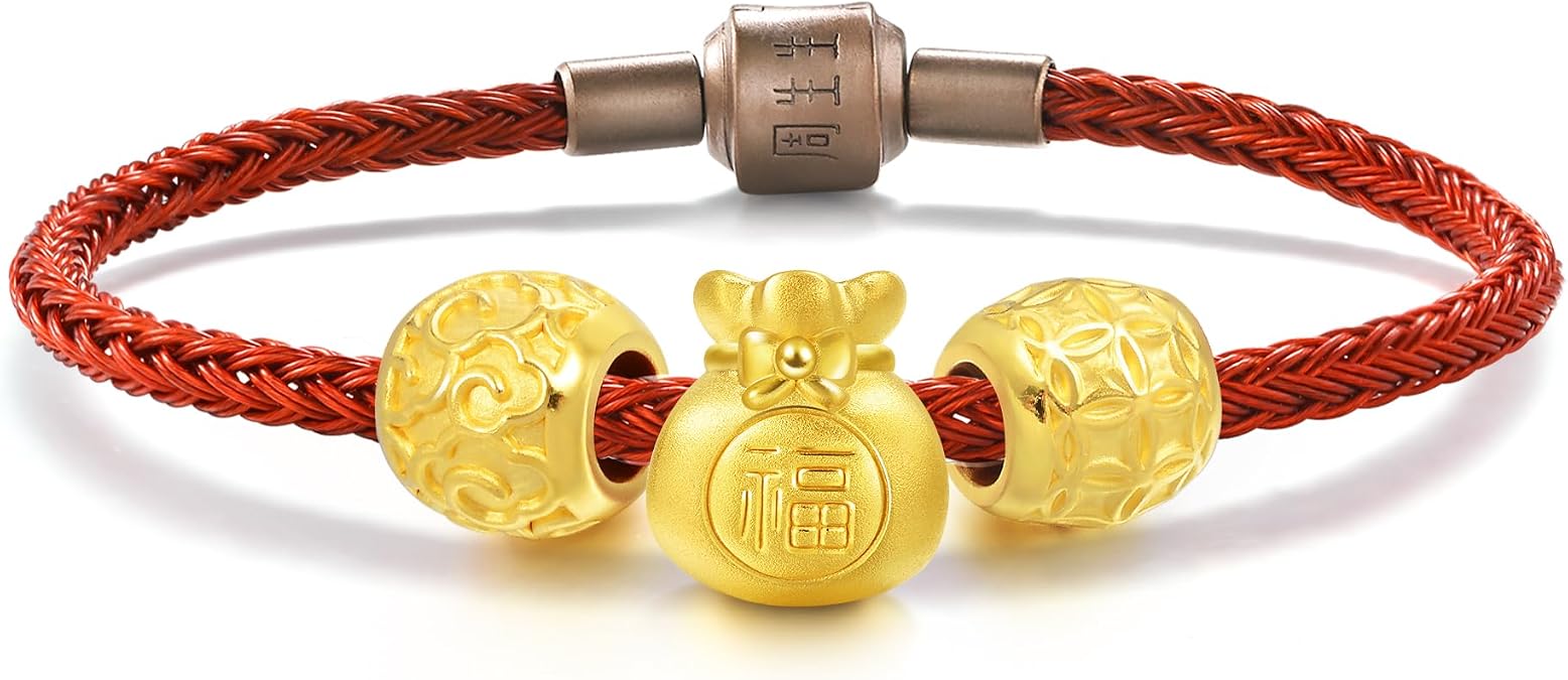 CHOW SANG SANG 999 24K Gold Charme Auspicious Blessings Charm Trio Bracelet Jewelry Set for Women 17cm 86337C 89197C 86339C