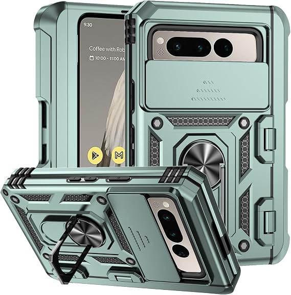 携帯電話ケース Google Pixel Fold用 リングホルダー付き キックスタンド ブラック カメラレンズプロテクター スライドカバー Google Pixel Foldケース 耐衝撃性 高耐久 クール ホルスター付き ダークグリーン