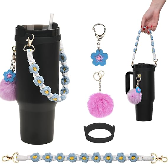 Wongeto Stanley Cup Accessories Set Including Water Bottle Handle Strap, Stanley Charms Cute Keychain for Stanley 30oz 40oz Tumbler Stanley Accessories- Woven Stanley Handle Strap