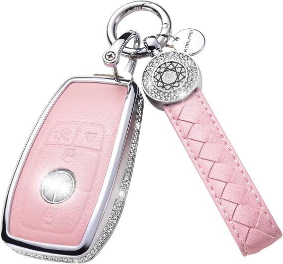 for Mercedes Benz Key Fob Cover with Keychain, Key Case Protection Shell Compatible with C E S M CLS CLK G Class (Pink, 4 Buttons)