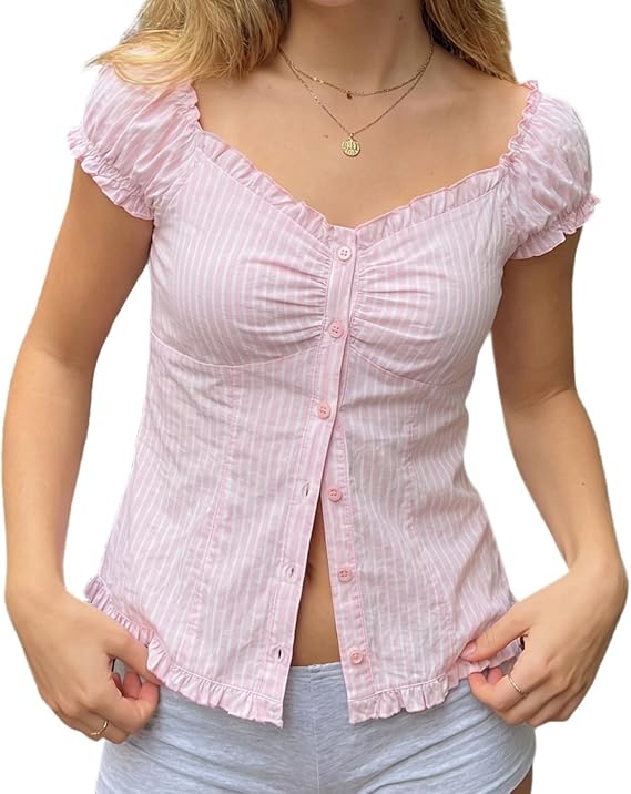Women Y2k Fairy Grunge Shirts Puff Sleeve Button-up Ruffle Hem Babydoll Tops Coquette Aesthetic Tee Shirt