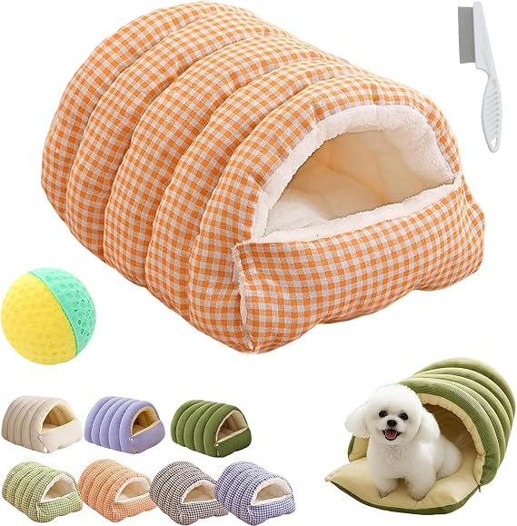 Winter Cave, Cozy Monster Cat Bed with Removable Washable Cushion, Soft Warm Plush Enclosed Tent Bed Cat House with Non-Slip Bottom for Cat and Dog (Orange Plaid, M)