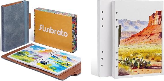 Watercolor Sketchbook A5 Bundle with Refill Paper, 100% Cotton Cold Press 300GSM 140LB, 24 Sheets + 48 Sheets Cold Refill, Dual-Sided Texture, Refillable Journal for Mixed Media