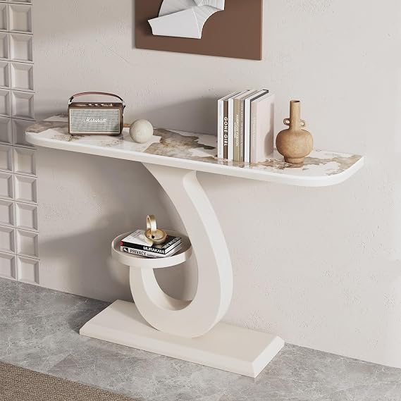 Entryway Table with Marble Top, Modern Console Sofa Table with Storage, Accent Coffee Tables, for Entry, Hallway, Entrance, Foyer, Shaped Metal Frame