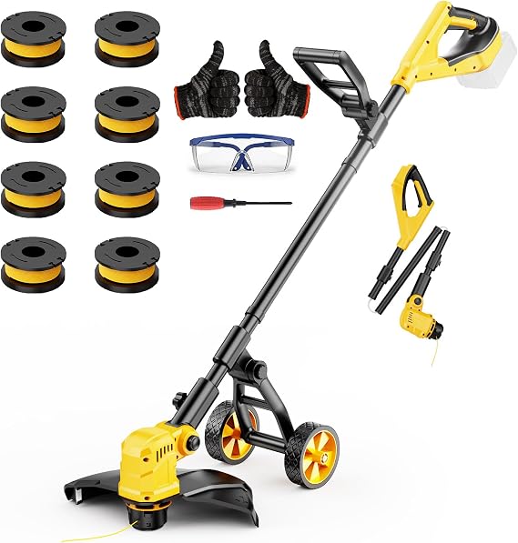 Cordless String Trimmer for Dewalt 20v Battery Powered(No Battery),3-in-1 Cordless Grass Trimmer Electric Weed Wacker Lawn Edger,Weed Eater Cordless Weed Trimmer with Wheel & 8 Spool(Black Yellow)