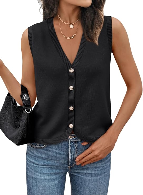 LILLUSORY Womens V Neck Button Down Sweater Vest Sleeveless Tops