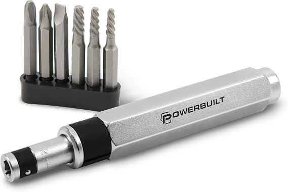 Powerbuilt 1/4 Inch Drive 7 Piece Impact Driver Set Extractor Tool, Remove Rusted, Damaged Screws, Strike Handle With a Hammer to Create Spring-Loaded Twisting Torque - 647767