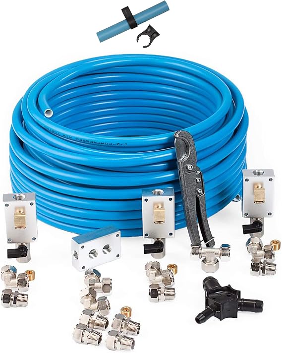 MaxLine 100 Foot 0.5 Inch Semi Flexible Compressed Air Tubing Accessories Master Kit with M8064 Pipe Mounting Clips (10-Pack)