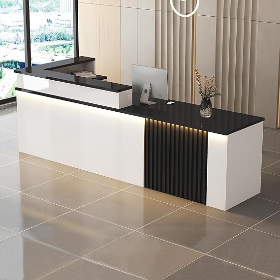 L Shaped Reception Desk with Counter, Salon Modern Reception Desk with Lockable Drawer & Door Cabinet & Light Strip Receptionist for Office Boutique Lobby Shop