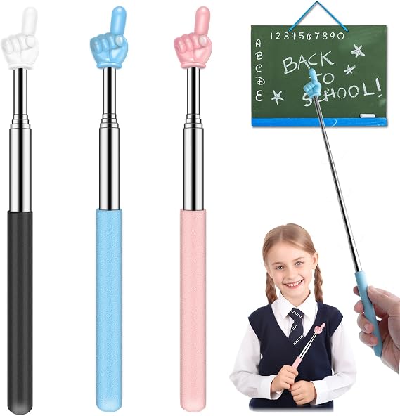 Retractable Teacher Pointer for Classroom Kids Reading, Dumero Extendable Finger Pointer Stick for School, Collapsible Finger Pointing Stick, Long Telescoping Hand Pointer,3 Pack: Black, Blue, Pink