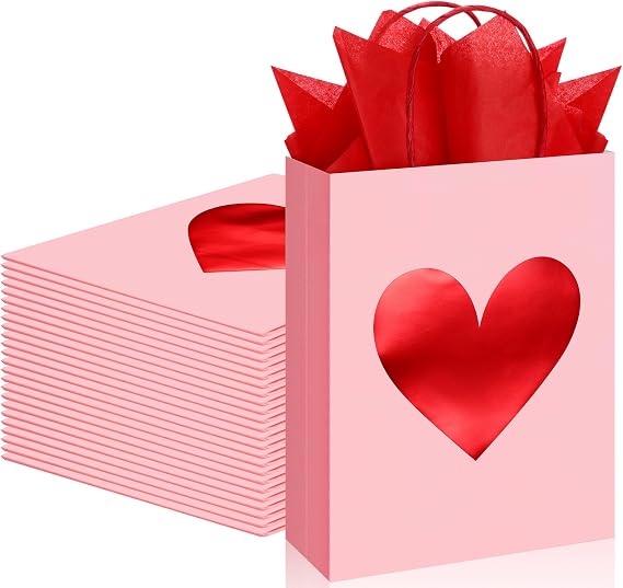 Teling 24 Pack Valentine's Day Gift Bags with Tissue Paper, Pink, Red