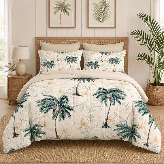 Pamnest Comforter Set King Size, Tropical Botanical Palm Summer 7 Pcs Bedding for Kids and Adults, Hawaiian Coconut Tree Bed Sheet Sets with Fitted Sheet 2 Pillowcase & 2 Sham for Bedroom Bed Decor