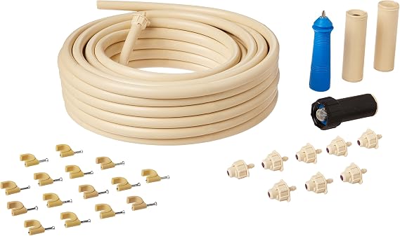 DIG BC380 Ocean Breeze Evaporative Mist Outdoor Misting Kit with Beige 50' 3/8" (.375 ID X .455 OD) Misting Line & 10 Barbed Foggers - Cooling Around Patios, Porch and Pools Areas